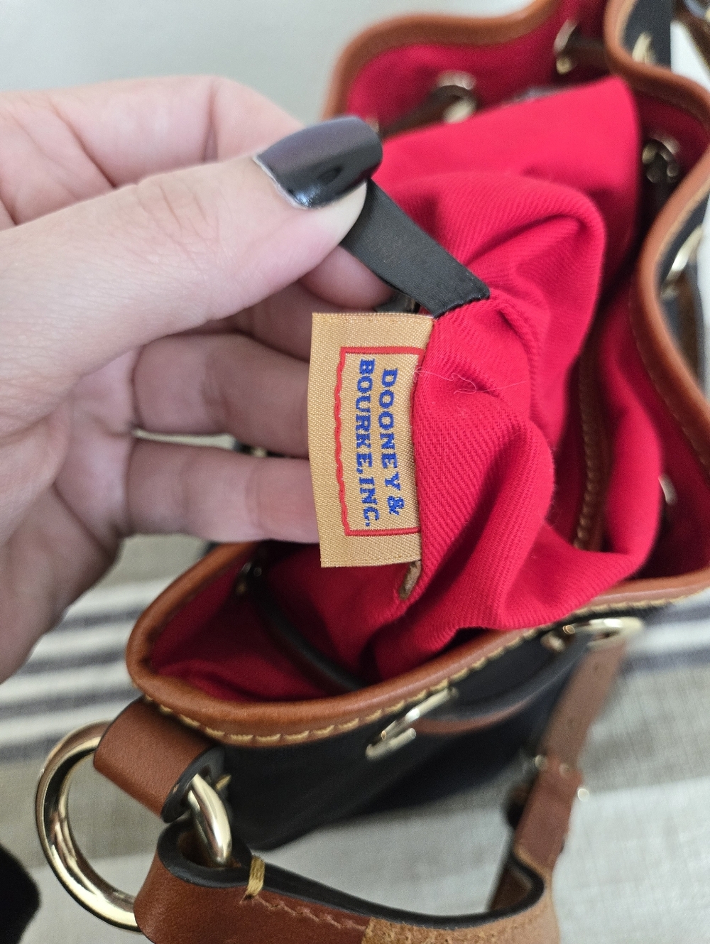 Dooney & Bourke Black Nylon Bucket Bag with Brown Trim and Tassels - Picture 15 of 16
